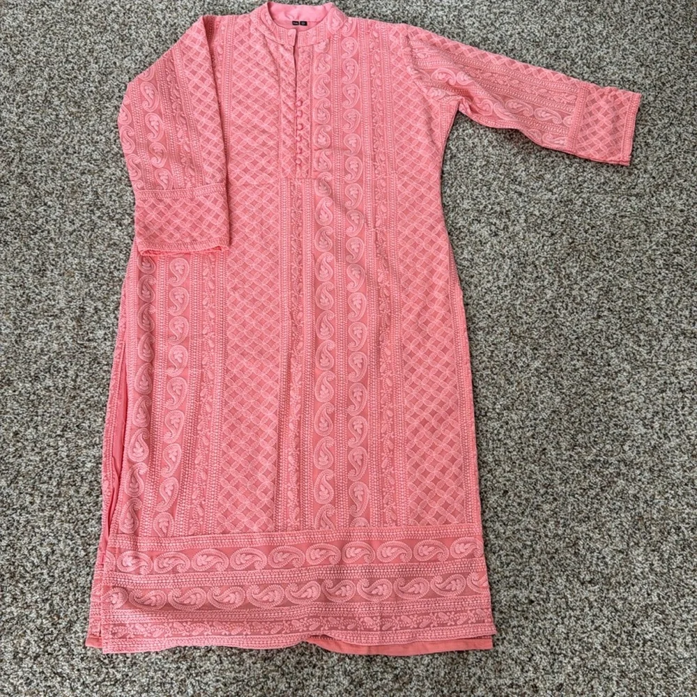 NEW Peach chikankari Long kurta Top fully Embroidered new - Picture 5 of 8